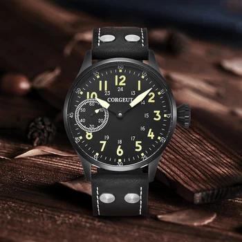 Роскошные Брендовые мужские Ручные механические часы Corgeut, военные спортивные часы для плавания, кожаный ремешок из воловьей кожи, Водонепроницаемые светящиеся наручные часы