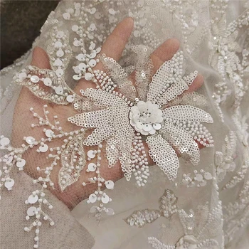 Кремово-белые 3D блестки Цветок Вышивка бисером Кружевная ткань Свадебное платье Невесты Ткань для шитья ручной работы НОВИНКА 2022 года