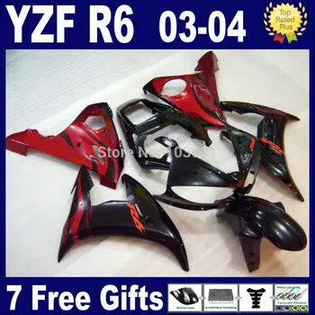 7 подарков мотоциклетные комплекты обтекателей для Yamaha 2003 2004 R6s красный черный YZF R6 2003 2004 03 04 05 комплект деталей обтекателя кузова