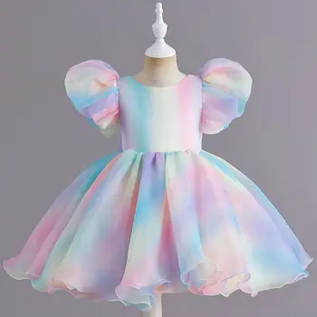 Радужное платье градиентного цвета для девочек с рукавами-пузырями, европейское и американское детское платье принцессы с постепенным эффектом пушистости