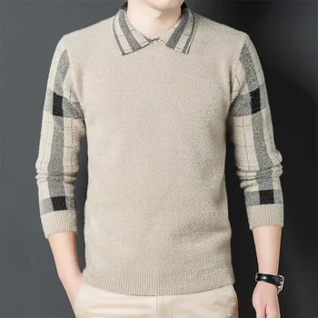 Высококачественная имитация норки, дизайнерский Роскошный лацкан, Новый модный Вязаный Корейский пуловер, Брендовый мужской свитер, повседневный джемпер, мужская одежда