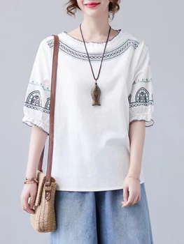 Новая летняя свободная футболка с круглым вырезом и вышивкой, винтажный топ в национальном стиле, Корейская модная повседневная футболка оверсайз, женская одежда