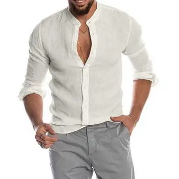 Летние хлопчатобумажные льняные повседневные рубашки, мужские рубашки со стоячим воротником и длинным рукавом, мужские рубашки в пляжном стиле, Однотонная однобортная блузка, мужская