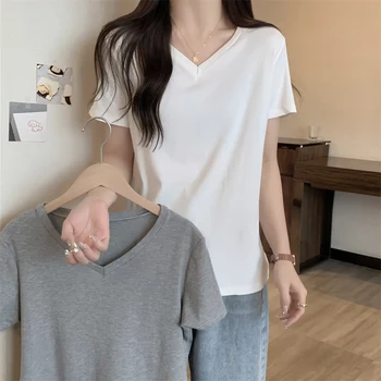 корейская однотонная универсальная футболка из чистого хлопка с коротким рукавом, свободная повседневная летняя женская одежда, базовая футболка, белые топы, графическая футболка