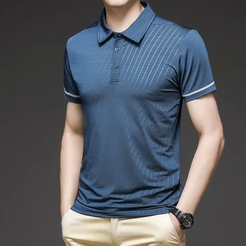 Летняя рубашка Поло Высококачественная Брендовая хлопковая Мужская Дышащая теннисная футболка 2023 Повседневная Мужская одежда в полоску