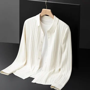 Высококачественный мягкий вязаный свитер, кардиган, мужской тонкий топ с отворотом, весенне-осенняя теплая футболка с длинным рукавом, модная корейская версия