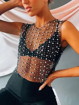 Сексуальные прозрачные женские топы с жемчужной сеткой Y2k, укороченный Прозрачный жилет без рукавов в стиле пэчворк с бриллиантами, Летняя женская одежда 2023