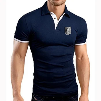 Новая летняя мода 2023 года, мужская повседневная дышащая однотонная рубашка-поло с лацканами и принтом с логотипом Attack On Titan, короткий рукав, Удобная рубашка-поло