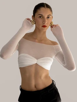 Укороченный топ из прозрачной сетки, женские пуловеры, короткие трикотажные укороченные топы без бретелек, женская футболка, сексуальная футболка с открытыми плечами
