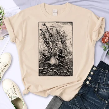 Винтажные футболки Kraken attacking ship, женские забавные футболки, дизайнерская одежда с японскими комиксами для девочек