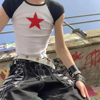 Летняя Повседневная женская футболка Kawaii Harajuku CropTop Y2K с принтом Готической Звезды и коротким рукавом E-girl, Винтажная Уличная Футболка в стиле Эмо Гранж