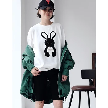 MICOCO T2501C Корейская версия повседневной футболки с вышивкой в виде кролика, уменьшающей возраст, свободная футболка с круглым вырезом и коротким рукавом