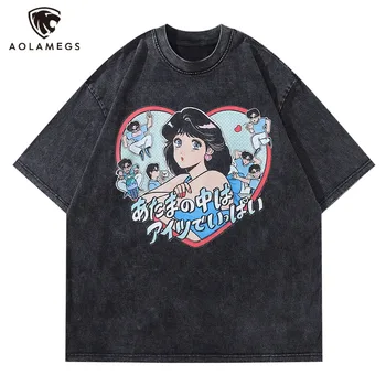 Винтажные мужские черные футболки с выстиранным рисунком, футболка с графическим принтом для милых мальчиков и девочек, летняя футболка Harajuku High Street, свободная уличная одежда