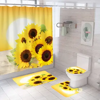 Занавеска для душа Sunflower, Состоящая из четырех частей, Водонепроницаемая Занавеска для душа в Домашней ванной Комнате с Крючками, Нескользящий Коврик из Трех частей шторы Baño