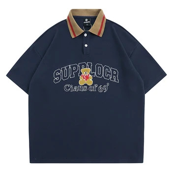Рубашка поло с вышивкой медведя, мужская уличная одежда, Повседневная футболка с лацканами, короткий рукав, Летние Свободные футболки для гольфа с коротким рукавом, топы, Новые