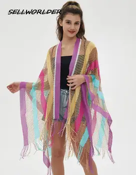 2023 Женская мода в этническом стиле в радужную полоску, летняя солнцезащитная шаль с тонким вырезом и кисточками 130 *125 см