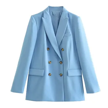 Светло-голубой женский блейзер, Элегантное офисное женское однотонное двубортное пальто с длинным рукавом, женские новые весенние стильные пальто, топы.