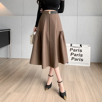 Длинная юбка коричневого цвета, Корейская мода, Черная юбка миди с высокой талией, Женская Новинка 2023 года, Элегантная юбка-трапеция, Плиссированные юбки для девочек