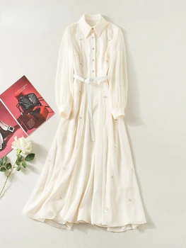 2023, Весеннее Длинное платье с вышивкой для подиума, Женская элегантная однобортная рубашка с длинным рукавом, Макси-платье для вечеринок, повседневный праздничный халат