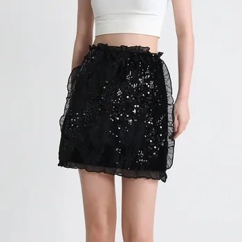 Новая полупальто с блестками, весенний новый модный стиль, кружевная юбка с высокой талией, тонкая модная универсальная черная короткая юбка для женщин