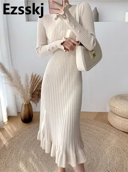 Ezsskj осенне-зимнее толстое платье-свитер макси с русалочкой, женское длинное платье-свитер с круглым вырезом, элегантное женское трапециевидное тонкое сексуальное трикотажное платье