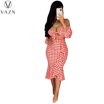 VAZN 2021, высококачественный комплект на бретельках, Классические клетчатые юбки Миди Русалка Sweet Young с длинным рукавом, тонкий женский комплект из 2 предметов