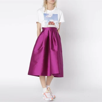 Красивые фиолетовые атласные юбки 2019, Изящная шикарная юбка трапециевидной формы с невидимой молнией на талии, плиссированная юбка чайной длины для женщин на заказ