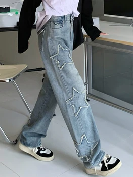 Модные джинсы с вышивкой в виде звезд для женщин, свободные повседневные винтажные джинсовые брюки с высокой талией, Весна-осень 2023, Корейские шикарные брюки Y2K