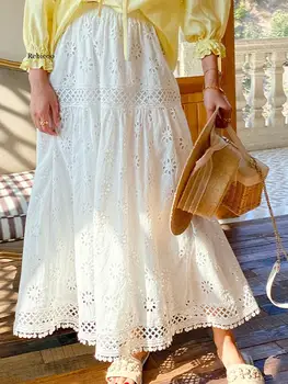 Летняя мода 2023 года, белая кружевная открытая Макси-длинная юбка в стиле бохо, женская Плиссированная юбка трапециевидной формы с высокой талией, Женская