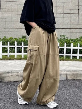 HOUZHOU Харадзюку уличная Карго брюки цвета хаки для женщин негабаритных карманы хип-хоп черные широкие брюки для женщин, корейская мода