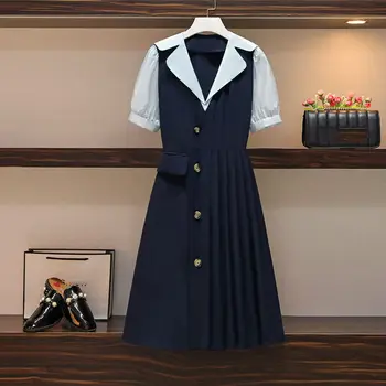 Платье с оригинальным темпераментным дизайном 2022, Летнее женское рабочее платье контрастного цвета с V-образным вырезом и коротким рукавом, Модное плиссированное платье Vestido H719