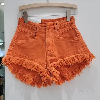 Оранжевые джинсовые шорты, женские зеленые горячие штаны, летняя женская одежда 2023 года, Универсальные Модные широкие рваные шорты с кисточками Ins