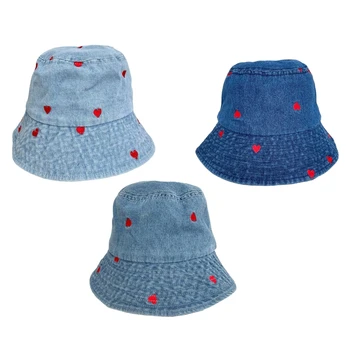 Унисекс Рыбацкие кепки с джинсовой вышивкой и красным сердцем Солнцезащитная шляпа на весну-лето для взрослых на открытом воздухе Велосипедные шляпы с регулируемым козырьком.