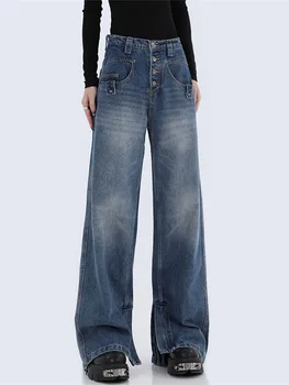 Женские синие мешковатые джинсовые брюки на четырех пуговицах, Прямые, с высокой талией, Уличная одежда, Винтажная Повседневная мода, женские джинсовые Широкие брюки