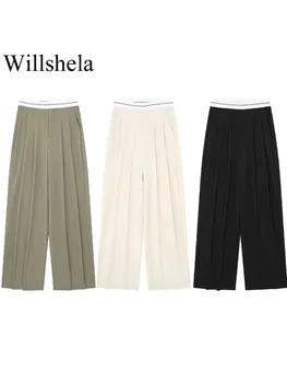 Willshela Женские модные однотонные брюки в стиле пэчворк на молнии спереди, винтажные женские шикарные широкие брюки с высокой талией во всю длину