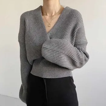 Новый Осень Зима 2022 женщин свитера вязать V-образным вырезом крест Дикий модный сексуальный пуловер женский Леди топы
