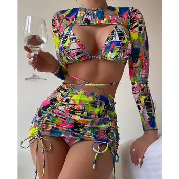 Echoine Купальник-бикини с цветочным принтом, укороченный топ с длинным рукавом, мини-юбка, комплект из 4 предметов, пляжные сексуальные купальники 2023 года
