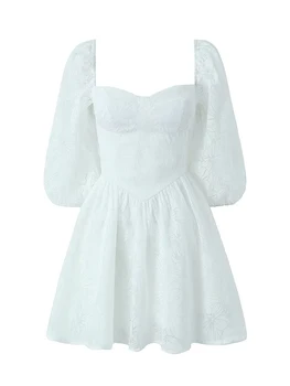 YENKYE 2023 Принцесса, сексуальное платье с белой жаккардовой застежкой, бюстгальтер с цветочным рисунком, корсет, мини-платье, женское платье трапециевидной формы с пышными рукавами.