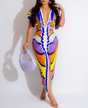 Летнее модное платье с принтом, сексуальное женское платье в африканском стиле, V-образный вырез, короткий рукав, плиссированное платье с высоким разрезом, обтягивающее повседневное длинное платье Для женщин