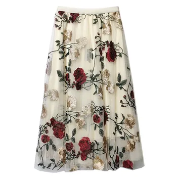 Женская винтажная сетчатая юбка с высокой талией, вышитая розами, Женские элегантные длинные юбки в богемном стиле, дешево, оптом