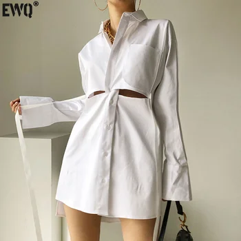 [EWQ] Женская мода Осень 2023, Новые платья-мини-рубашки с отворотом на талии, выдолбленные, с длинным рукавом, Однотонные, Женский прилив 5E2968
