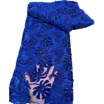 Красивое синее африканское сетчатое кружево с камнями, французское тюлевое кружево, африканская кружевная ткань 2,5 ярда, Нигерийское бархатное кружево для платья T48