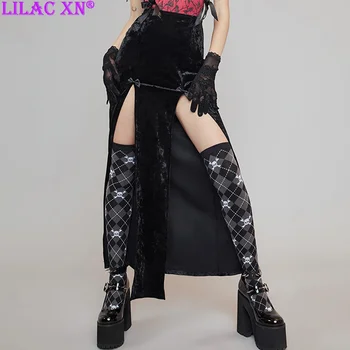 Винтажные черные бархатные длинные юбки с разрезом Y2K, элегантный Сексуальный бант, облегающие женские юбки с высокой талией, одежда для вечеринок в готическом стиле в стиле панк E Girl