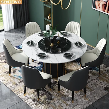 Дизайнерская роскошная круглая столовая из мраморной плиты, обеденный стол с 8 стульями mesa de jantar comedor marbre, основание из нержавеющей стали и золота