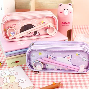 Розовая сумка для карандашей для девочек, прозрачная крышка из ПВХ, пеналы для ручек для школьников, Держатель линейки, сумка-органайзер для Корейских канцелярских принадлежностей, Коробка Stora
