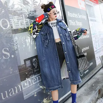 2023 Новая мода, джинсовый кардиган в стиле пэчворк с граффити, пальто с длинным рукавом, уличная одежда, свободный тренч средней длины в стиле хип-хоп