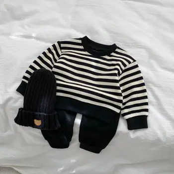 Весенний детский костюм 2023 года для мальчиков и девочек, Корейская версия, вафельная рубашка в цветную полоску с длинными рукавами, брюки, комплект из двух предметов