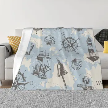 Фланелевое одеяло, Весна-осень, винтажный узор в морском стиле и с картой моря, Теплые накидки для зимнего постельного белья