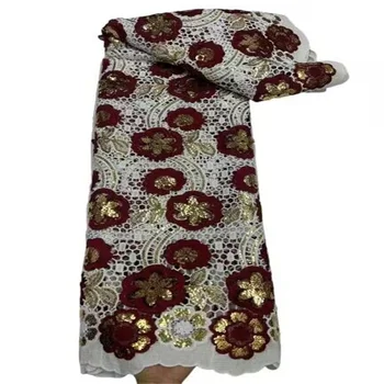 Красно-белая Кружевная ткань с Африканскими блестками, Красочная Водорастворимая Кружевная ткань из гипюрового шнура в Нигерийском стиле, высококачественный Материал для пошива платья