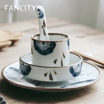 FANCITY Набор столовых приборов для еды на одного человека, одиночные домашние тарелки для еды, ложки, чашки ручной росписи, маленькие, свежие и милые